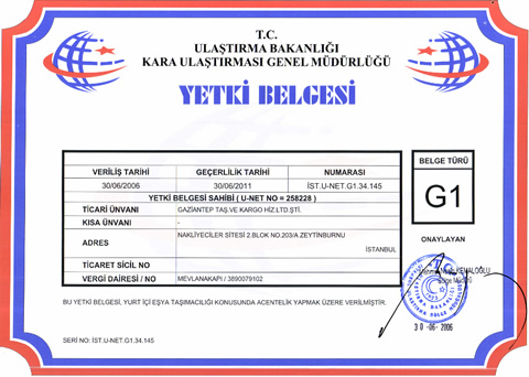 Gaziantep Kargo G1 Yetki Belgesi