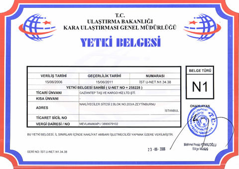 Gaziantep Kargo N1 Taşımacılık Belgesi